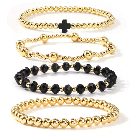4Pcs Golden Brass & Glass Round Beaded Bracelet Sets XG4611-1-1