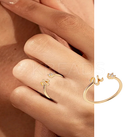 1Pc Letter Brass Rhinestone Open Cuff Rings for Women AJEW-LP0004-47U-G-1