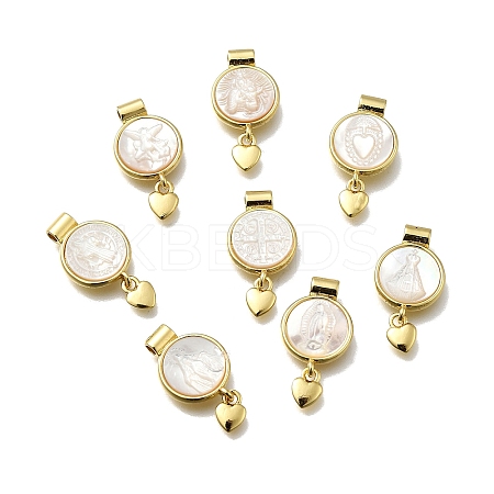 Brass Pave Natural White Shell Flat Round with Heart Pendants KK-C090-37G-1