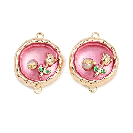 Brass Enamel & Natural Pearl Flat Round with Flower Connector Charms KK-K351-50G-01-1
