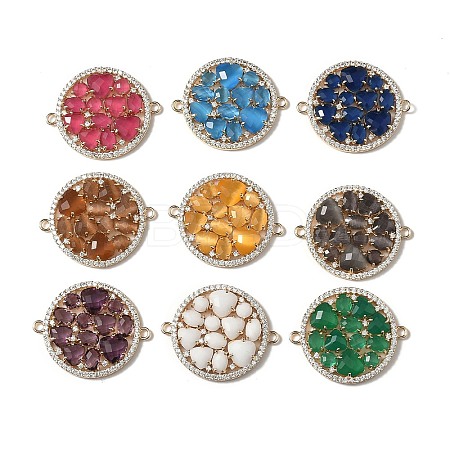 Brass Micro Pave Clear Cubic Zirconia and Glass Flat Round Connector Charms KK-I276-33G-1