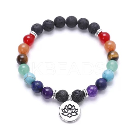Alloy Lotus Flower Charm Chakra Round Gemstone Beaded Stretch Bracelets ID6522-1-1