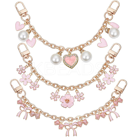 3Pcs 3 Styles Bowknot Heart Heart Pink Zinc Alloy Enamel Tassel Cable Chain Purse Chains FIND-BBC0004-56-1