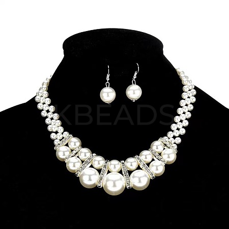 Alloy & Crystal Rhinestone & Plastic Pearl Round Beaded Necklace & Dangle Earring FS-WG9A175-01-1