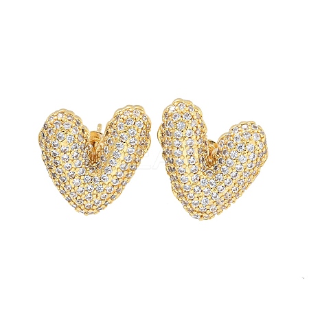 Heart Brass Pave Clear Cubic Zirconia Stud Earrings EJEW-M258-82G-1