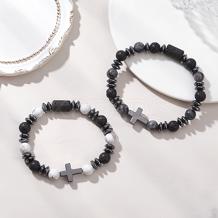 2Pcs Natural Lava Rock & Larvikite & Howlite Beads Stretch Bracelets for Couple BJEW-JB13196-1