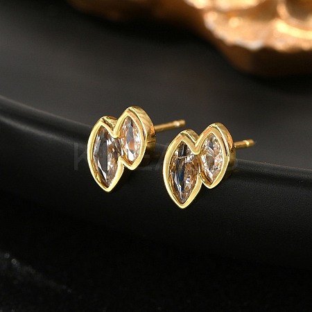 Double Horse Eye Brass Micro Pave Clear Cubic Zirconin Stud Earrings EJEW-D318-06G-1