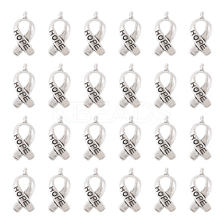 Breast Cancer Awareness Ribbon Carved Word Hope Tibetan Style Alloy Message Pendants TIBEP-TAG0001-02-1