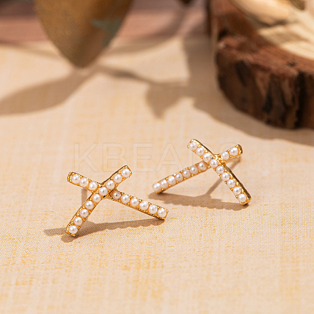 Elegant Crossed Brass & Imitation Pearl Stud Earrings for Women NB4080-1