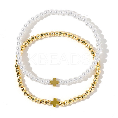 2Pcs Minimalist Imitation Pearl & Brass Cross Beaded Stretch Bracelet Sets QX2906-1-1