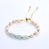 Natural Aquamarine & Plastic Imitation Pearl Bead Slider Bracelets AT8786-1-1