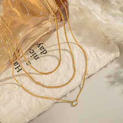European 304 Stainless Steel Clear Cubic Zirconia Flat Round Pendant 3 Layer Necklaces for Women OW9189-1