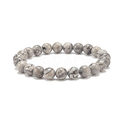 Natural Map Stone/Picasso Stone/Picasso Jasper Round Beaded Stretch Bracelet BJEW-JB07874-1