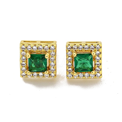 Square Brass Micro Pave Clear Cubic Zirconia Stud Earrings EJEW-G387-03G-1
