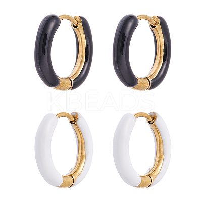 2 Pairs 2 Colors Two Tone 304 Stainless Steel Chunky Huggie Hoop Earrings with Enamel for Women EJEW-DC0001-38A-1