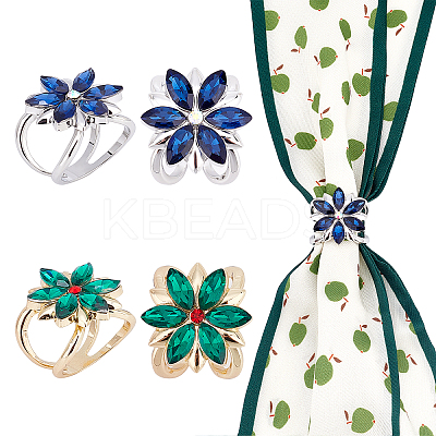 4Pcs 2 Colors Glass Flower Scarf Buckle Ring AJEW-PH0004-23-1