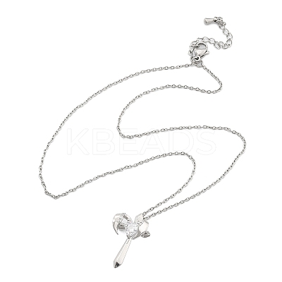 Brass Cubic Zirconia Wing Cross Pendant Necklaces for Women NJEW-C067-07P-03-1