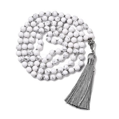 Natural Howlite Mala Prayer Round Beaded Wrap Necklaces with Long Tassel and Metal Tree of Life FS-WG93CBE-08-1
