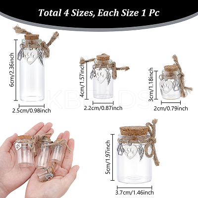 4Pcs Transparent Glass Empty Bottles with Alloy Paw Print Heart Leather Charms AJEW-NB00014-1