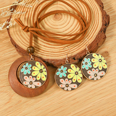 Bohemian Alloy Enamel & Wood Pendant Necklaces & Dangle Earrings Sets FS-WGC69E7-01-1
