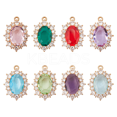 8Pcs 8 Colors Brass Pave Cubic Zirconia Pendants KK-AR0001-92-1