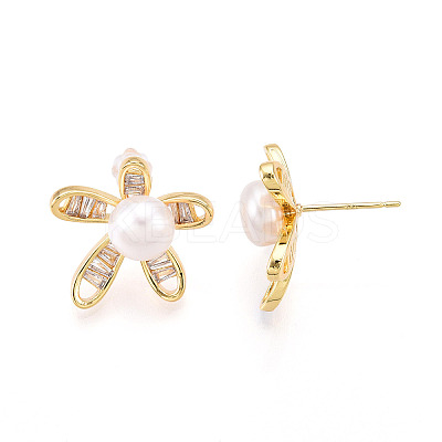 Flower Brass Natural Pearl Stud Earrings PEAR-N020-05X-1