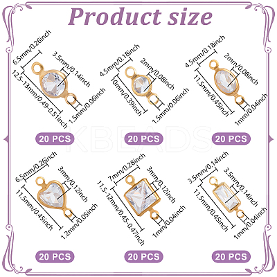 120Pcs 6 Styles Brass Clear Cubic Zirconia Connector Charms KK-NB0003-88-1