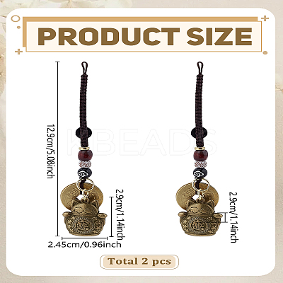 2Pcs Brass Lucky Cat & Coins Five Emperor Money Feng Shui Coins Pendant HJEW-LP0002-82-1