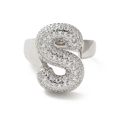 Letter Brass Micro Pave Clear Cubic Zirconia Open Cuff Ring for Women RJEW-N046-03S-P-1