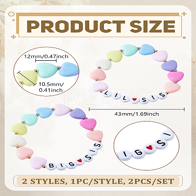2Pcs 2 Styles Word Acrylic Heart Beaded Stretch Bracelets BJEW-LP0004-28-1