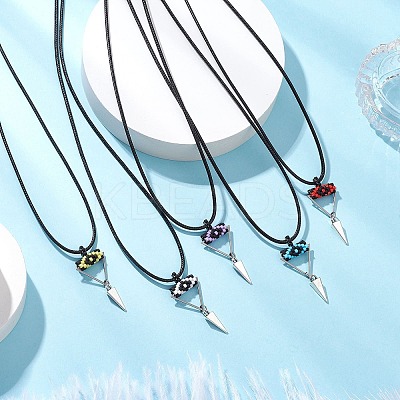 Cylinder Seed Beaded Evil Eye & Alloy Pyramid Cone Pendant Necklaces NJEW-MZ00105-1
