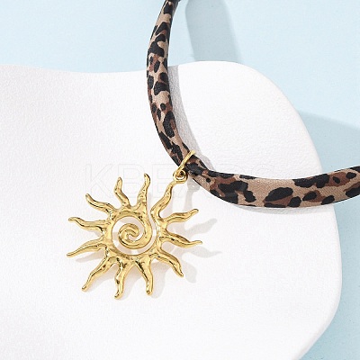 304 Stainless Steel Sun Pendant Leopard Print Polyester Cord Necklaces for Women NJEW-D340-04G-1