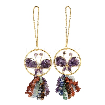 Butterfly Brass & Natural Amethyst Pendant Decorations HJEW-Z007-04G-06-1