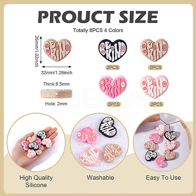 8Pcs 4 Colors Heart and Flower Silicone Focal Beads SIL-TA0002-02-1