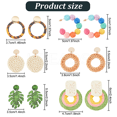 6 Pairs 6 Style Monstera Leaf & Circle Ring Acrylic Stud Earrings with Iron Pins EJEW-AN0001-17-1