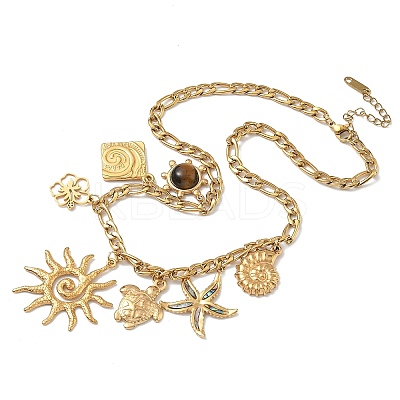 Ocean 304 Stainless Steel & Plastic Imitation Stone & Natural Paua Shell Sun Turtle Starfish Pendant Necklaces for Women NJEW-G180-01G-1