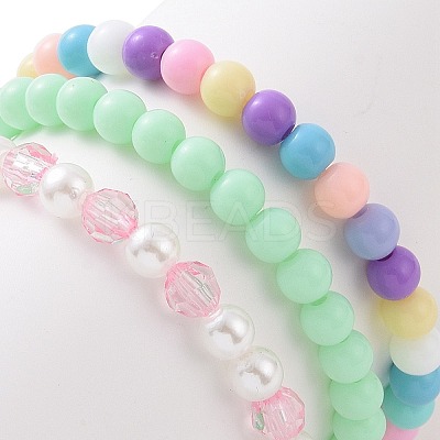 3Pcs 3 Style Acrylic Flower & Imitation Pearl Beaded Stretch Bracelets Set BJEW-JB09105-1