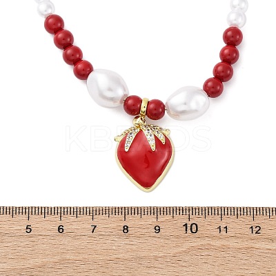 Strawberry Brass Micro Pave Clear Cubic Zirconia Red Enamel Pendant Necklaces for Women NJEW-G162-04G-1