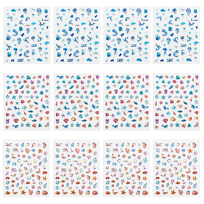 12 Sheets 3 Style Waterproof Ocean Theme PET Nail Art Stickers STIC-OC0001-05-1