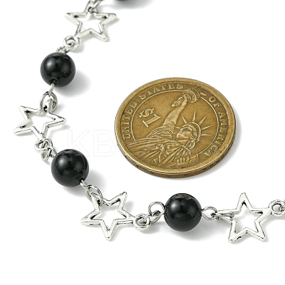 Star Alloy & Round Natural Eyeless Obsidian Link Chain Necklaces for Women NJEW-JN05135-1