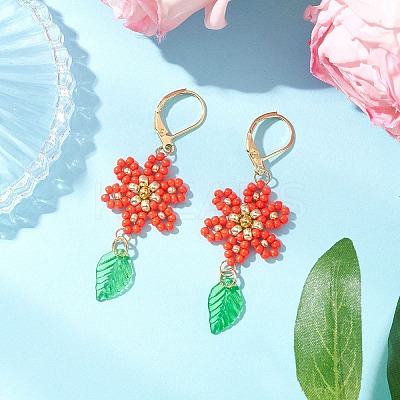 304 Stainless Steel Flower with Leaf Leverback Earrings EJEW-MZ00456-1