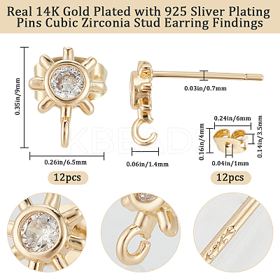 6 Pairs Sun Rack Plating Brass Micro Pave Cubic Zirconia Stud Earring Findings KK-BBC0010-98-1