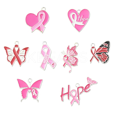 16Pcs 8 Styles Breast Cancer Pink Awareness Ribbon Theme Alloy Enamel Pendants ENAM-YW0006-40-1