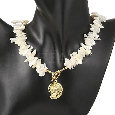 Summer Beach Brass Shell Shaped Pendant Natural Trochid Shell Chip Beaded Necklaces for Women NJEW-JN06107-1