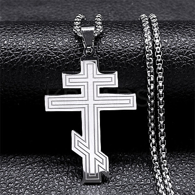 Russian Orthodox Cross 201 Stainless Steel Pendant Box Chain Necklaces NJEW-C104-01A-P-1