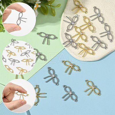 16Pcs 2 Colors Rack Plating Brass Pave Clear Cubic Zirconia Bowknot Connector Charms KK-SC0006-77-1