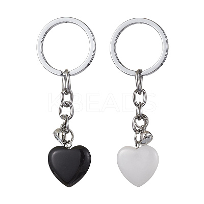 Natural Black Stone & Natural White Jade Heart Keychains KEYC-JKC00548-1