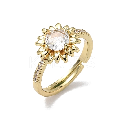 Flower Brass with Clear Cubic Zirconia Finger Rings for Women RJEW-Z111-01G-1