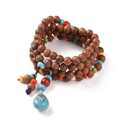 Wood & Natural Carnelian & Synthetic Turquoise Beaded Necklaces NJEW-JN04136-1