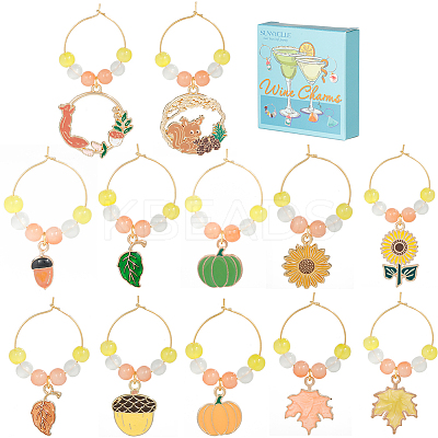 Autumn Theme Alloy Enamel with Glass Wine Glass Charms AJEW-SC0002-11-1
